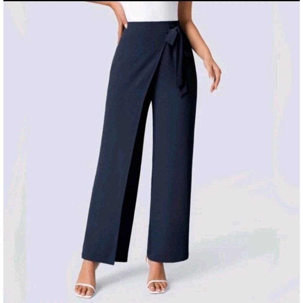 Halara XL Regular High Waisted Tie Side Wrap Wide Leg Work Pants Navy Blue NWT